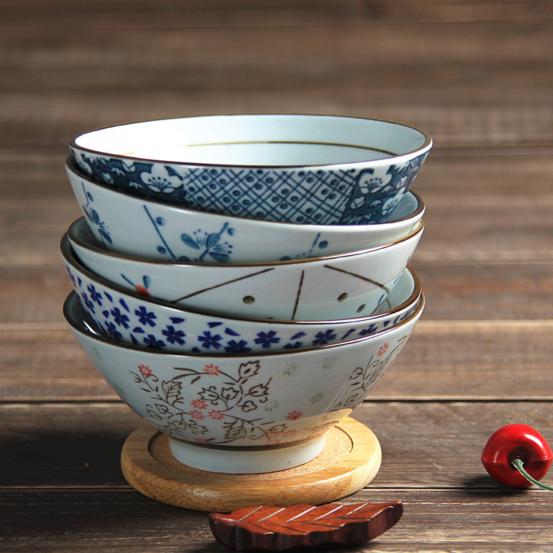 和风四季釉下彩环保陶瓷日式餐具创意手绘5英寸饭碗喇叭碗斗笠碗