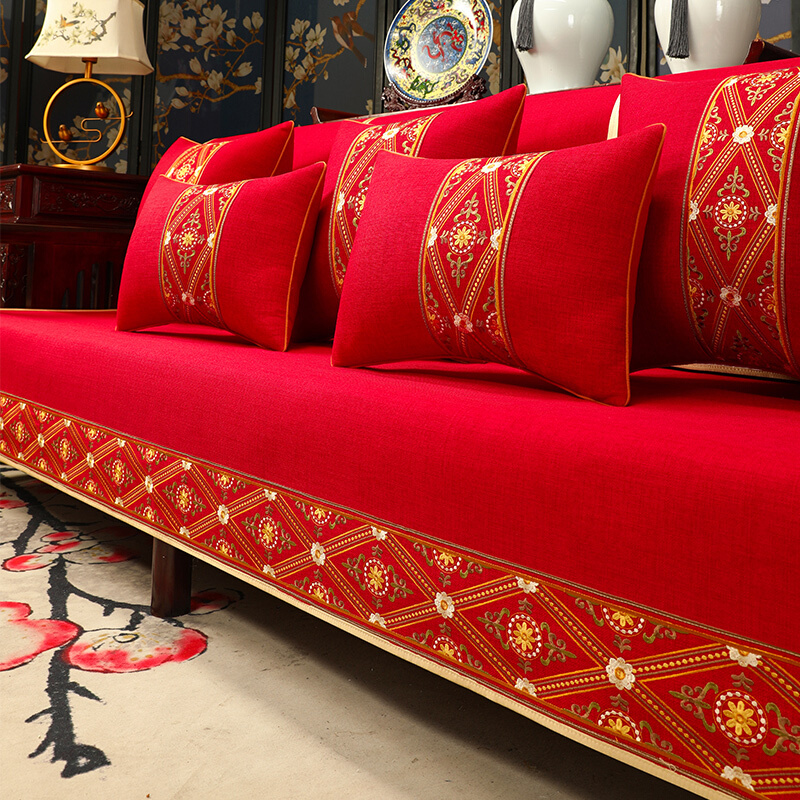 新中式结婚沙发垫喜庆红色沙发套罩婚庆坐垫子四季通用盖布巾防滑