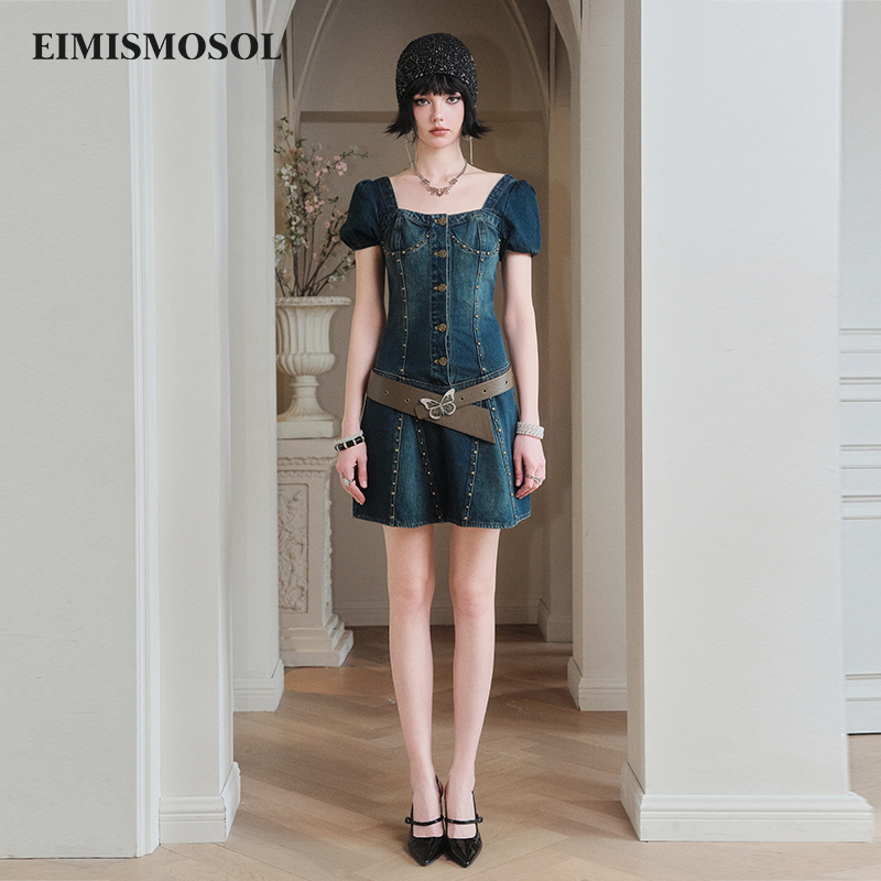 EIMISMOSOL铆钉牛仔腰带复古连衣裙24春季新款亲肤精致实穿耐磨女