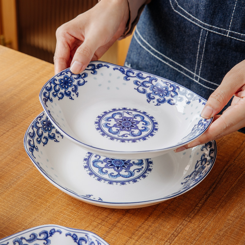 逐鹿玲珑花家用陶瓷菜盘子碟子大鱼盘陶瓷餐具碗碟套装青花瓷碗盘