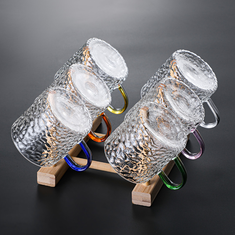 日式玻璃小茶杯耐热家用锤纹功夫茶具套装透明杯子加厚带把品茗杯