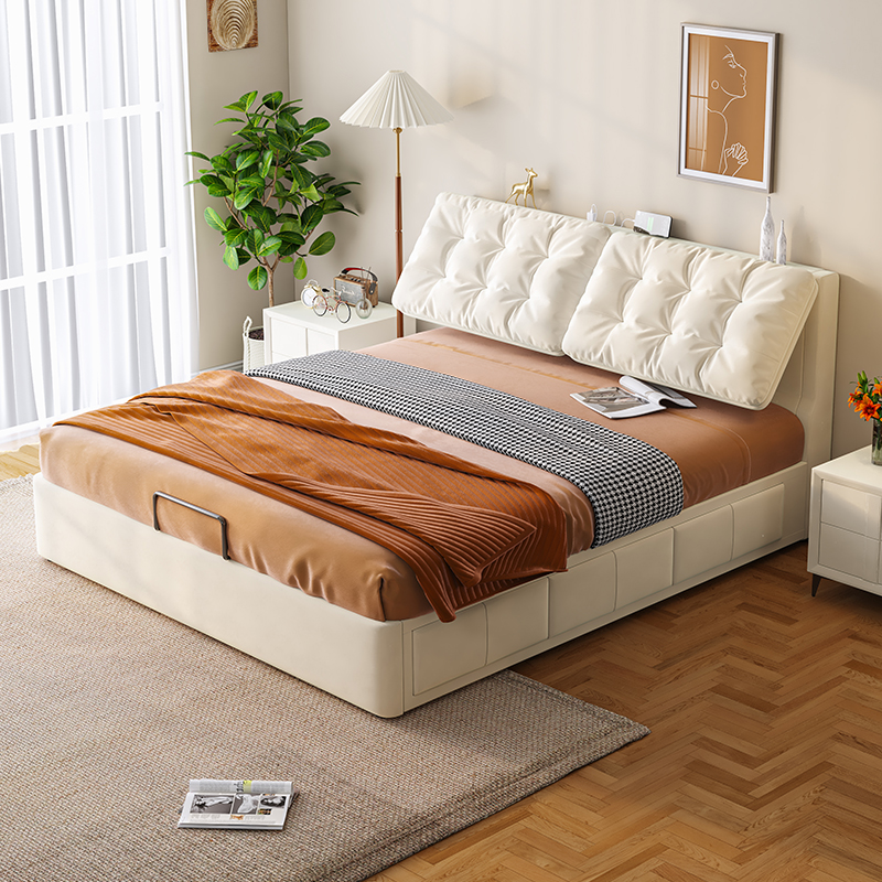 奶油风科技布床可调节靠背双人床落地箱体储物轻奢现代简约云朵床