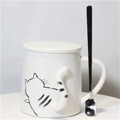 传旗 日式陶瓷马克杯350ml带盖带勺套装 学生牛奶杯子可爱咖啡杯