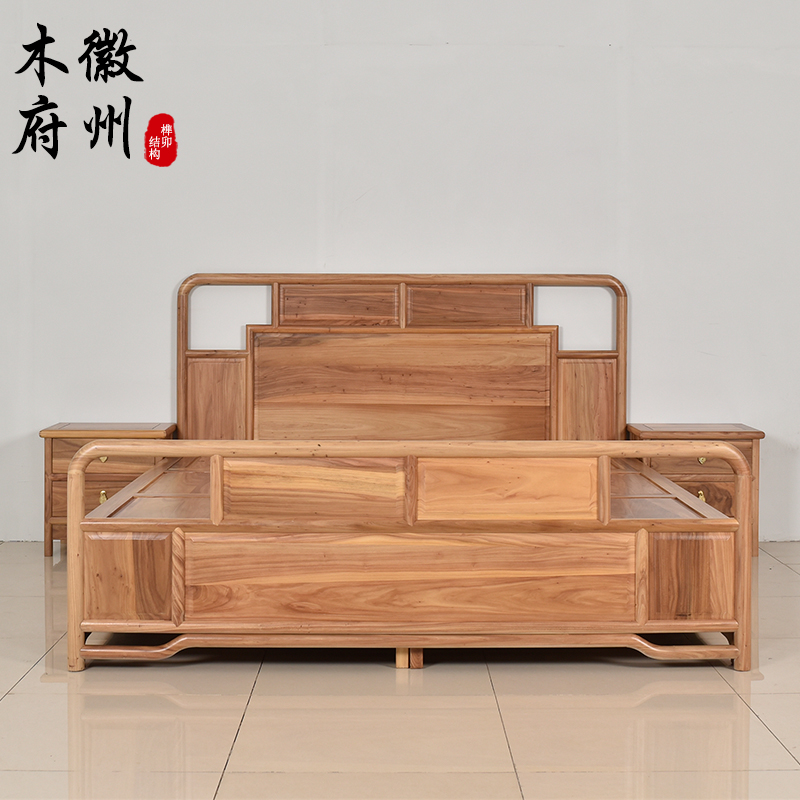 徽州木府老榆木双人床实木箱体床新中式榫卯1.8米婚床简约抽屉床