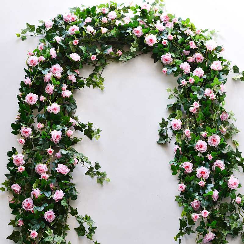 仿真玫瑰花藤装饰花藤条假花缠绕室内空调管道遮挡塑料花藤蔓植