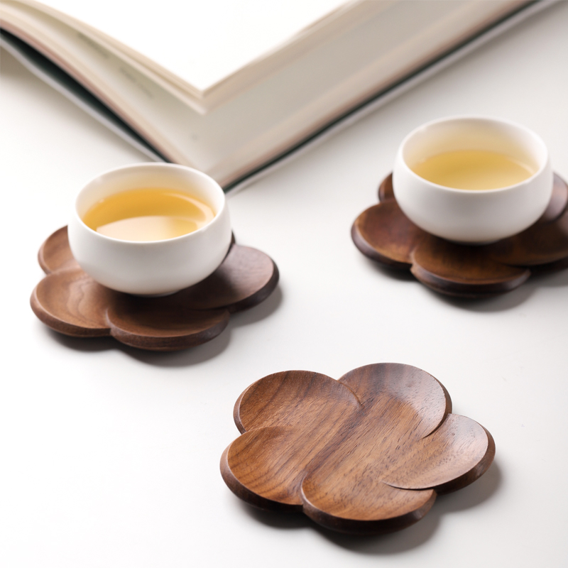 日式黑胡桃木杯垫创意花朵实木质圆形茶杯托壶承咖啡杯托隔热垫