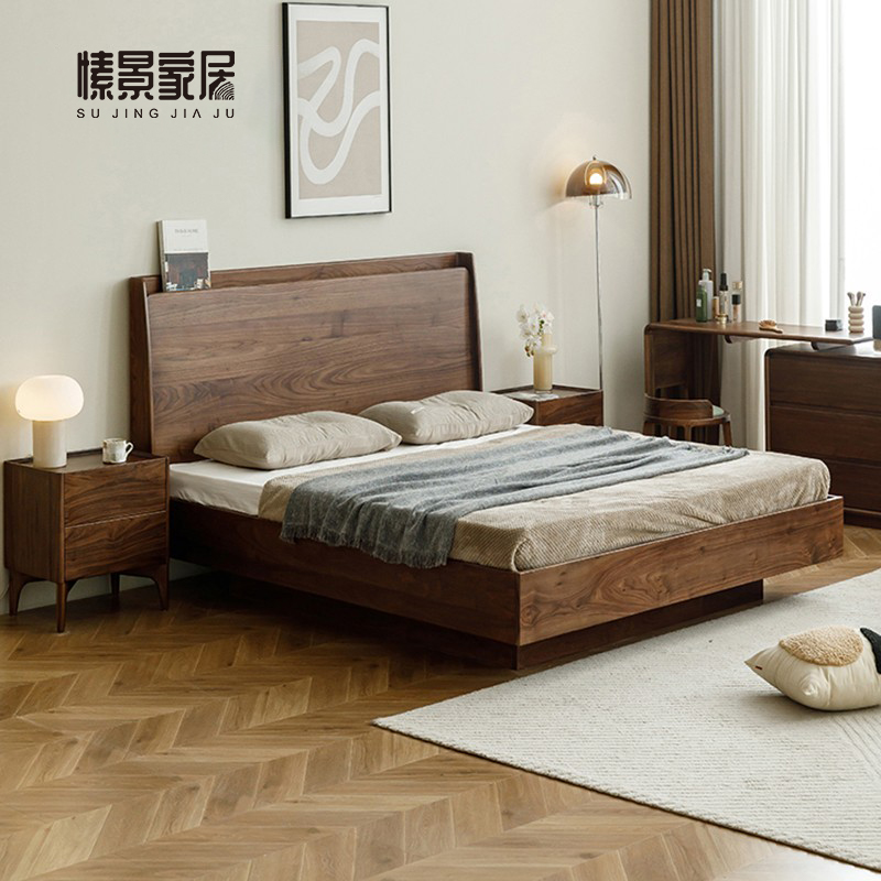 北美黑胡桃木实木大象箱体床现代简约风格双人床悬浮床主卧轻奢