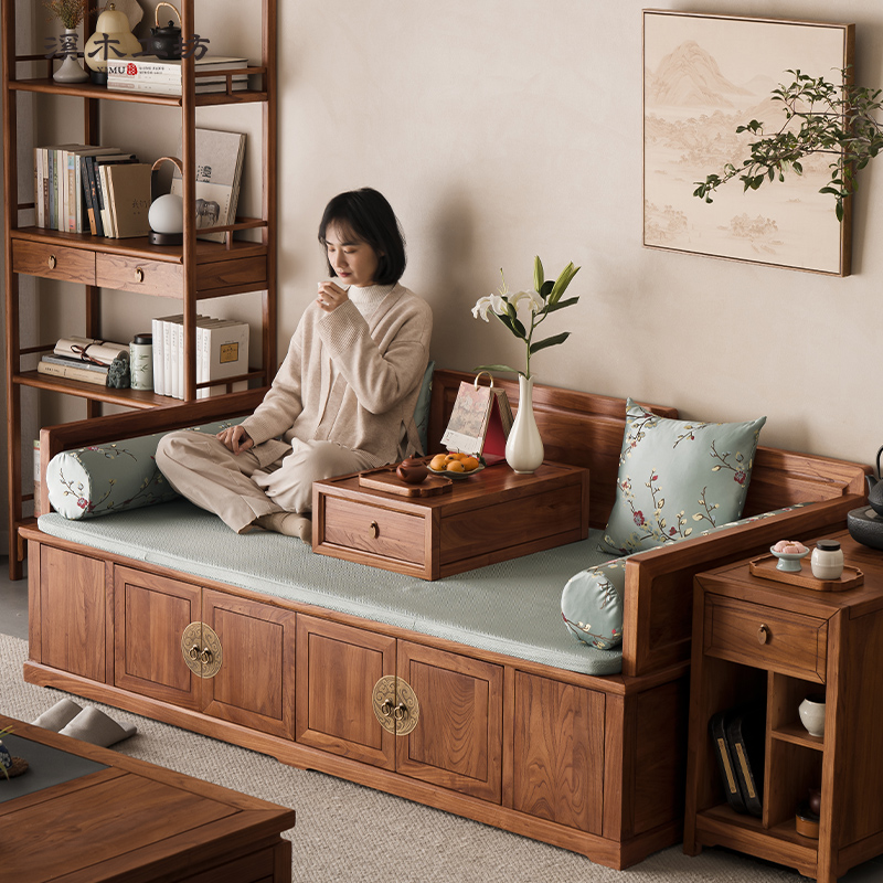 新中式老榆木罗汉床实木中式小户型仿古储物沙发床榻箱体榫卯家具