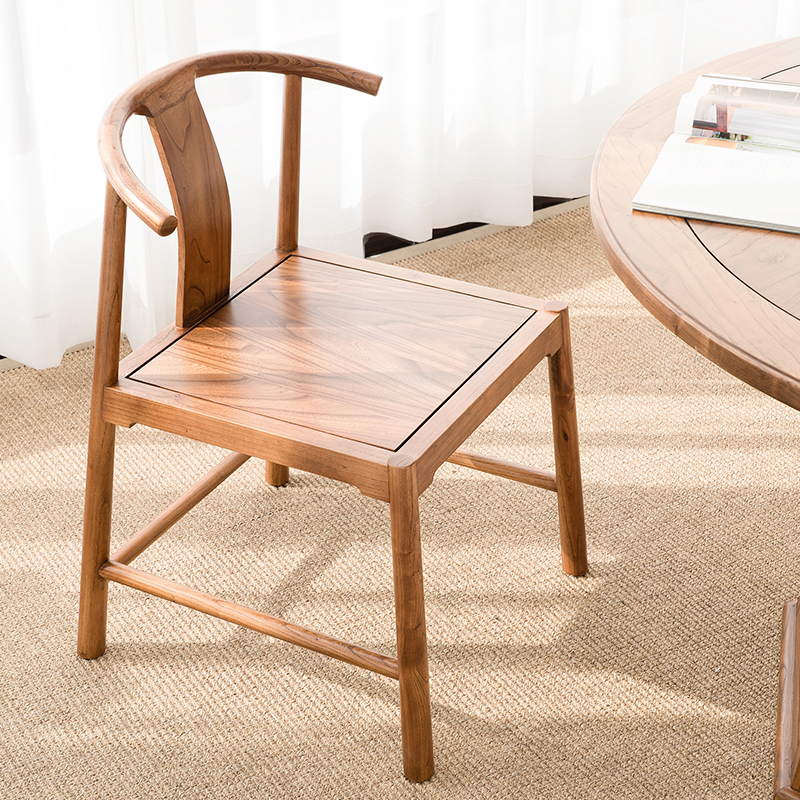 溪木工坊新中式实木餐椅家用老榆木餐桌椅子靠背月牙复古牛角椅