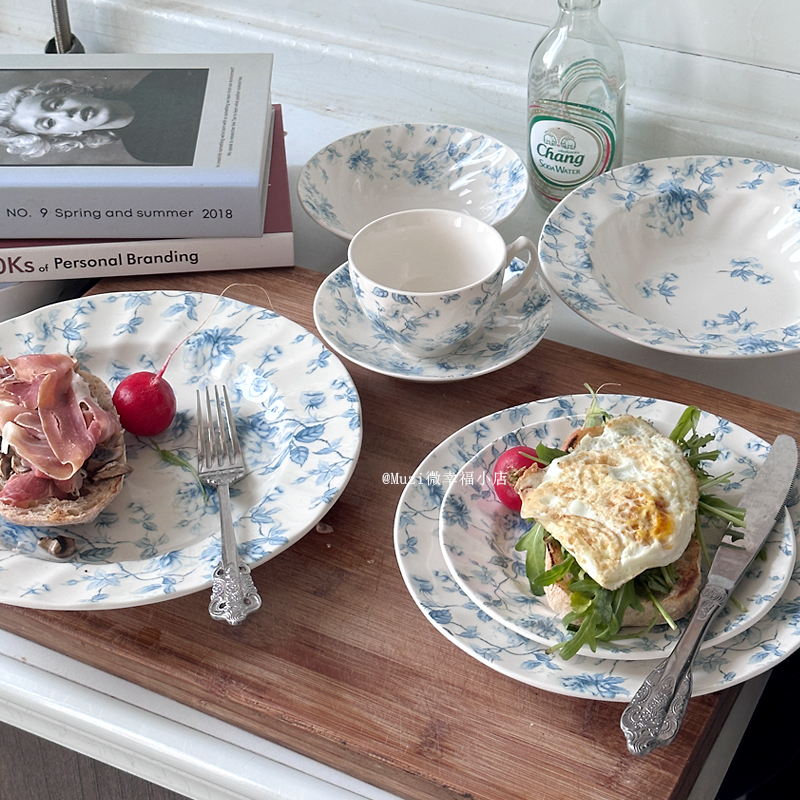 英式中古淡蓝色藤曼花卉釉下彩盘牛排西餐盘早餐盘碗咖啡杯碟套装