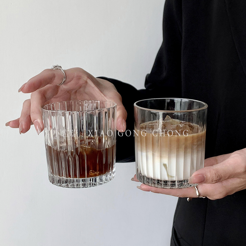 复古美式拿铁冰咖啡杯ins风条纹玻璃杯冷饮杯果汁杯威士忌酒杯子