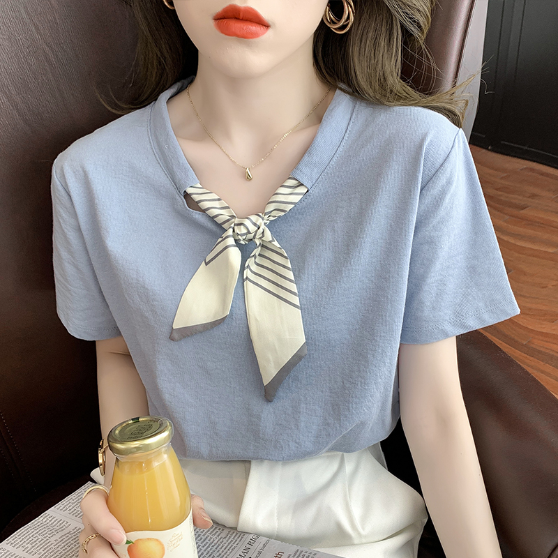 小香风短袖女夏条纹领结丝带设计气质温柔t恤纯棉正肩圆领上衣