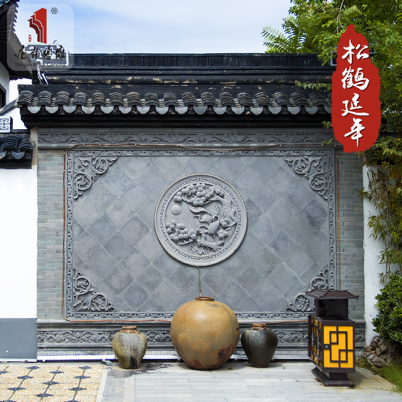 唐语砖雕中式庭院青砖影壁照壁芯迎门墙装饰1.2米圆形仿古浮雕