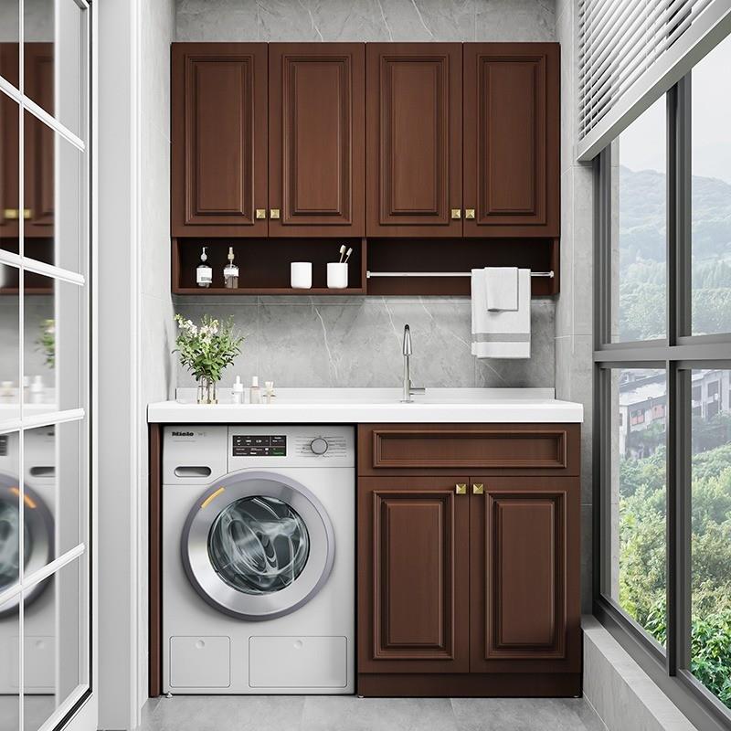 现代新中式实木洗衣机柜组合阳台整体滚筒洗衣机柜伴侣切角定制