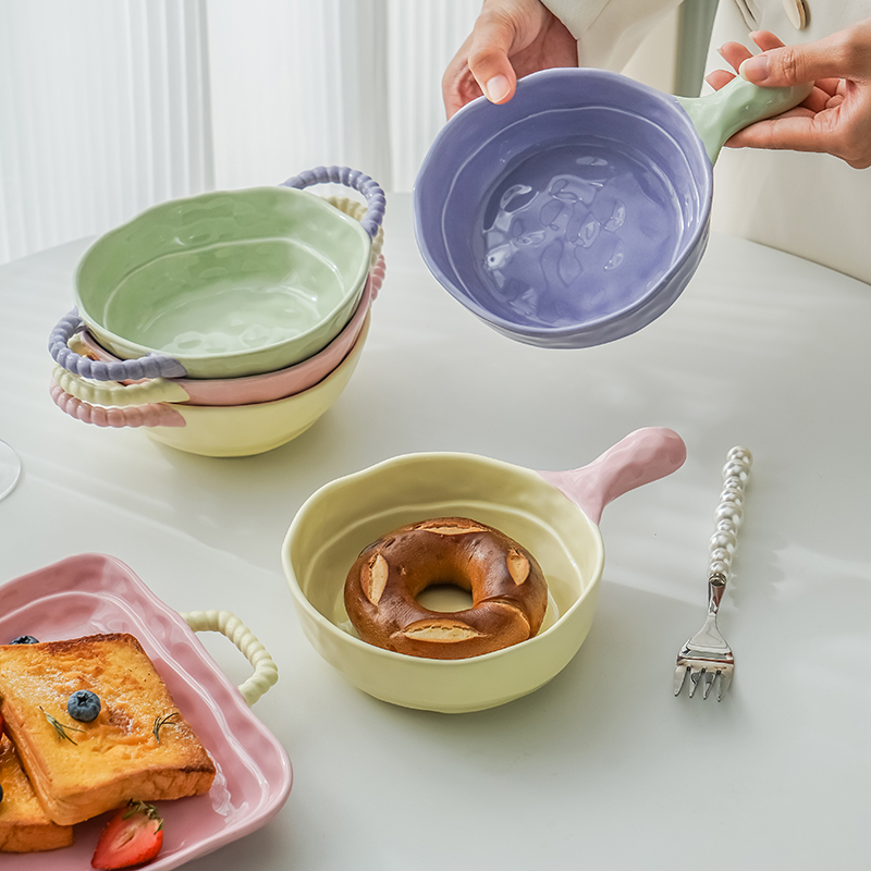 陶瓷手柄碗家用高颜值烤碗带把手泡面碗水果沙拉早餐燕麦片酸奶碗
