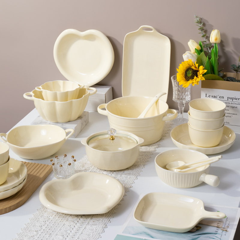 碗家用2023奶油风餐具碗碟套装陶瓷碗盘组合饭碗面碗沙拉碗勺汤碗