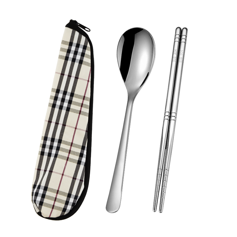 304便携筷子勺子套装一人食儿童餐具三件套不锈钢单人学生收纳袋
