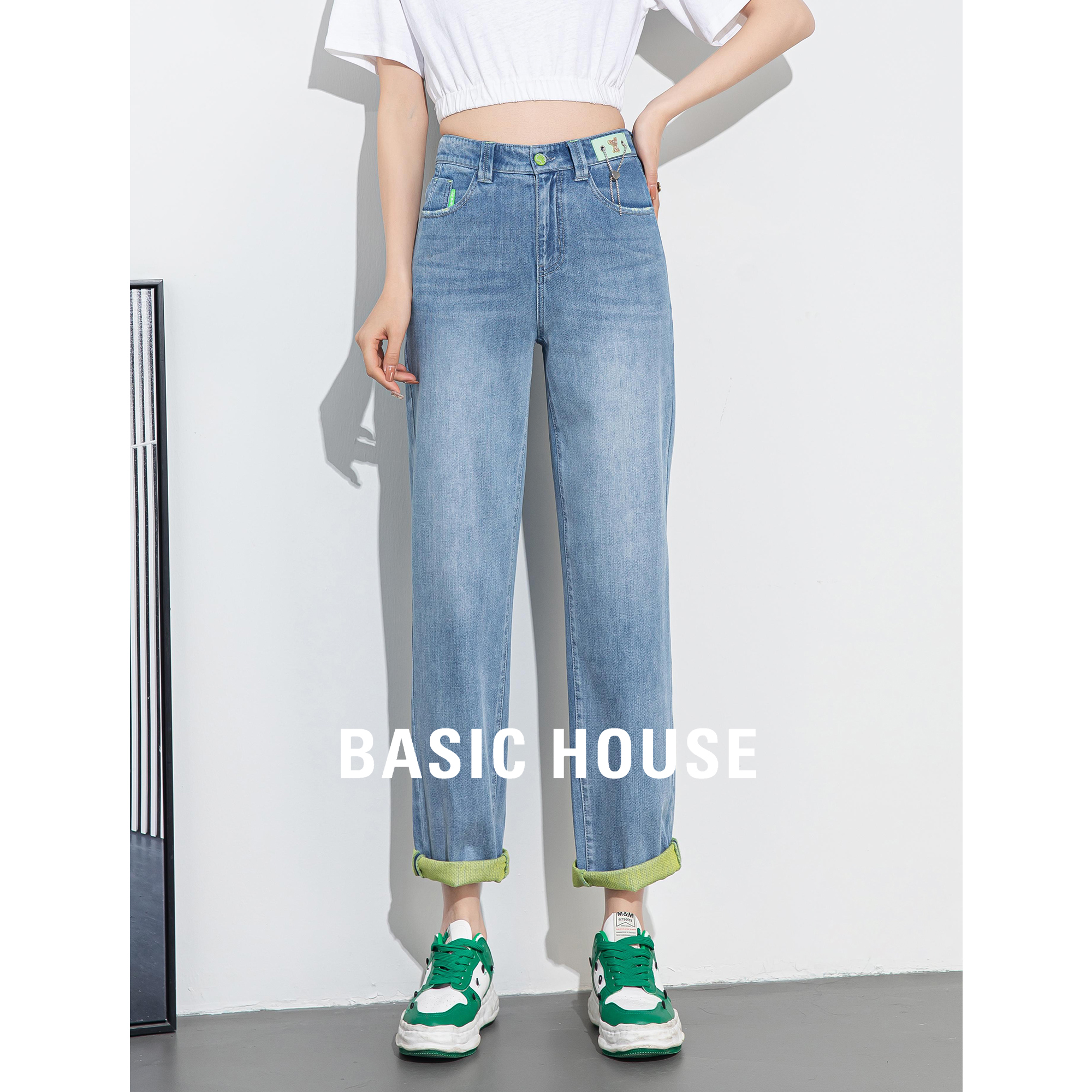 Basic House/百家好爆款直筒牛仔裤女2024夏季新款浅蓝色烟管裤子