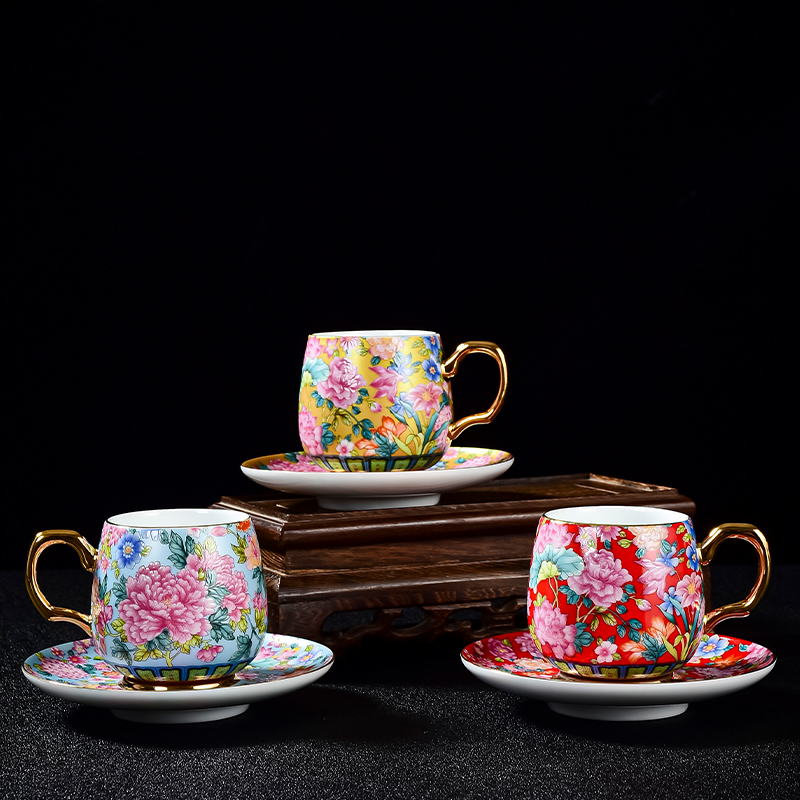 珐琅彩陶瓷有耳喝茶杯子带杯托茶杯六只装咖啡杯具茶具套装泡茶杯